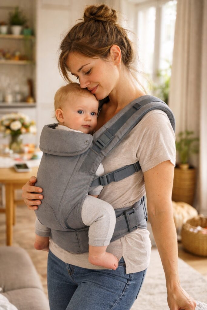 Mama trägt Baby im Tragegurt