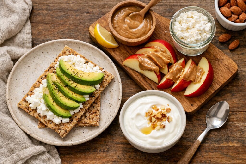 Beispiel: Apfel + Nussmus + Joghurt
Oder: Knäckebrot + Hüttenkäse + Avocado