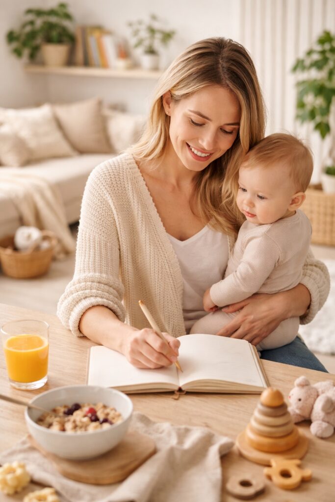 Mutter beim Frühstücken mit Baby